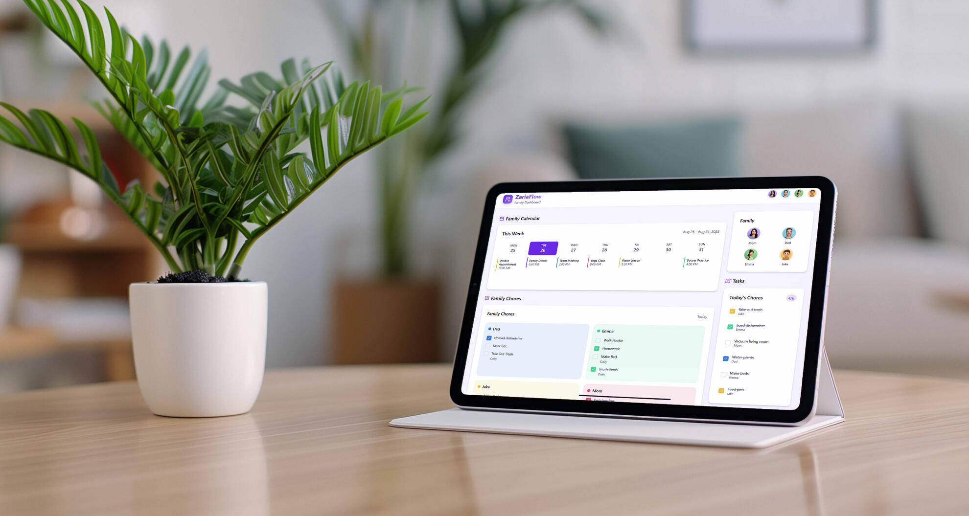 iPad displaying the ZariaFlow family organization app interface, showing a weekly calendar view with color-coded family member schedules, a sidebar with daily tasks and chore assignments, and meal planning sections. The iPad sits on a clean wooden desk nex